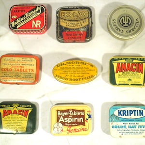 Vintage Small Tins Selection Group - Exlax, Anacin, Bayer, NR, Willard, Blackstones, Dr. Morse, Kriptin
