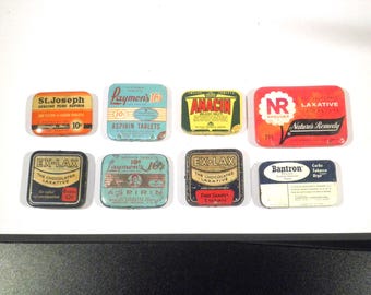 Vintage Small Tins Selection Group - Exlax, Anacin, St Joseph, NR, Laymon&#39;s, Bantron
