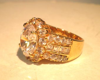 Vintage Sterling Silver Gold-Plated Cubic Zirconia CZ Women's Statement Ring Size 6 3/4