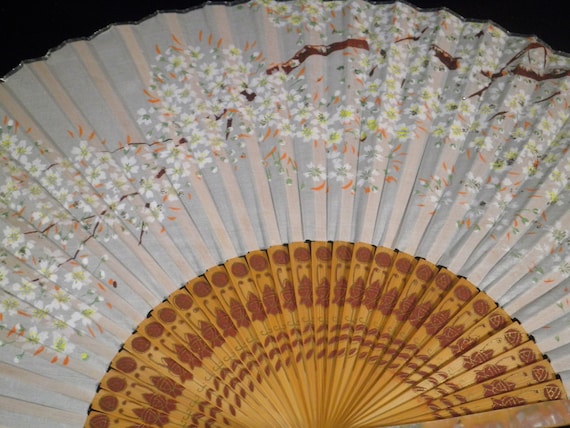 Antique Japanese Silk Fan Cherry Blossom Mother O… - image 2