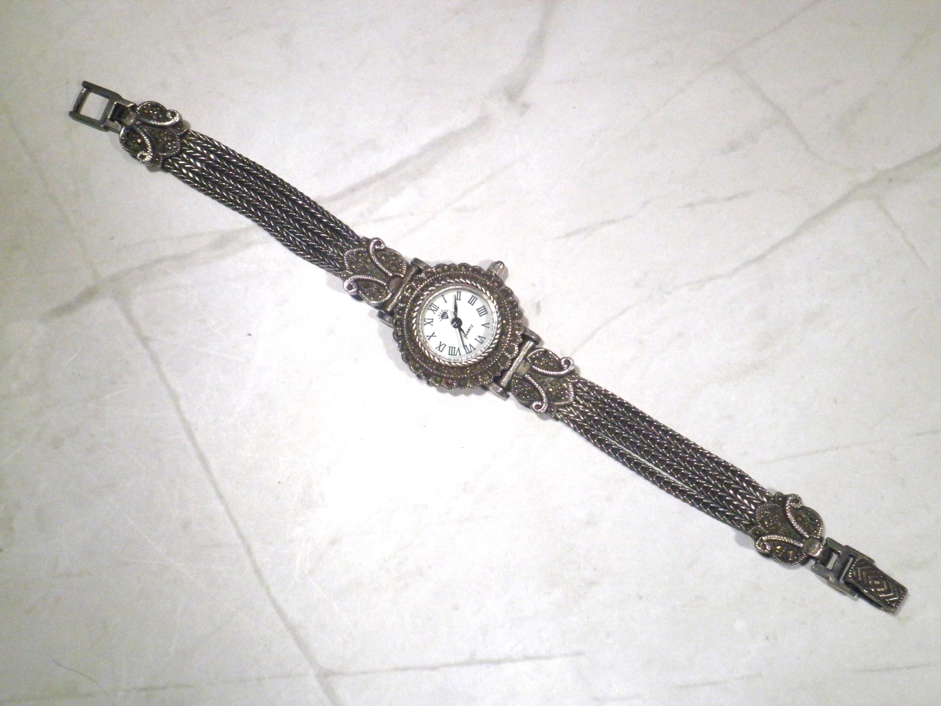 Vintage Marcasite Ladies Watch: 1920s Diamond Quartz Sterling Silver Bracelet Vintage Bocco Sterling Silver Marcasite Lady Watch - Etsy main image 2