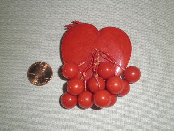 1940's Bakelite Red Heart with Dangling Cherries … - image 1