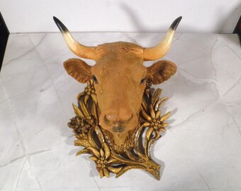 Cow Head Bust 1960s France Vintage Flocked Brown Plastic