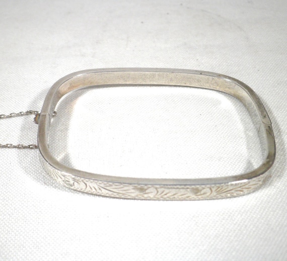 Vintage Squarish Solid Sterling Silver Bangle Eng… - image 1