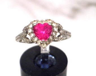 Genuine Ruby Heart Sterling 925 Silver Women's Ring Size 7 1/2