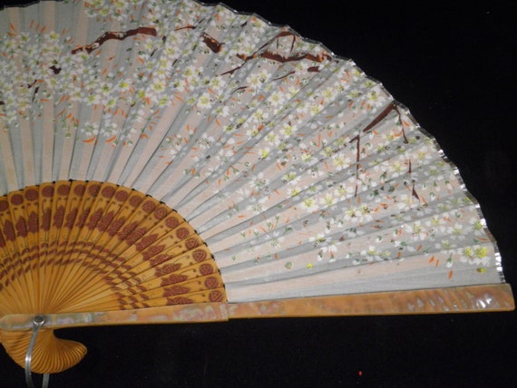 Antique Japanese Silk Fan Cherry Blossom Mother O… - image 4