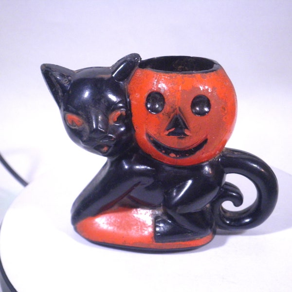 Rosbro Plastic Cat Pumpkin Halloween Candy Container 1950'S