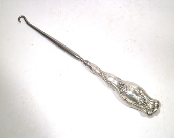 Antique Sterling Silver Handle 8 Inch Button Hook - Flower's Design