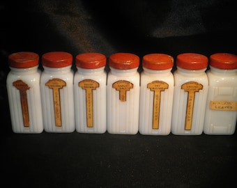 Griffith Spice Jars 1930's - Milk Glass Red Metal Lid - Selection Listing