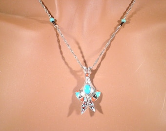 Turquoise, Red Coral, and Sterling Sacred Stone Pendant Southwest Necklace