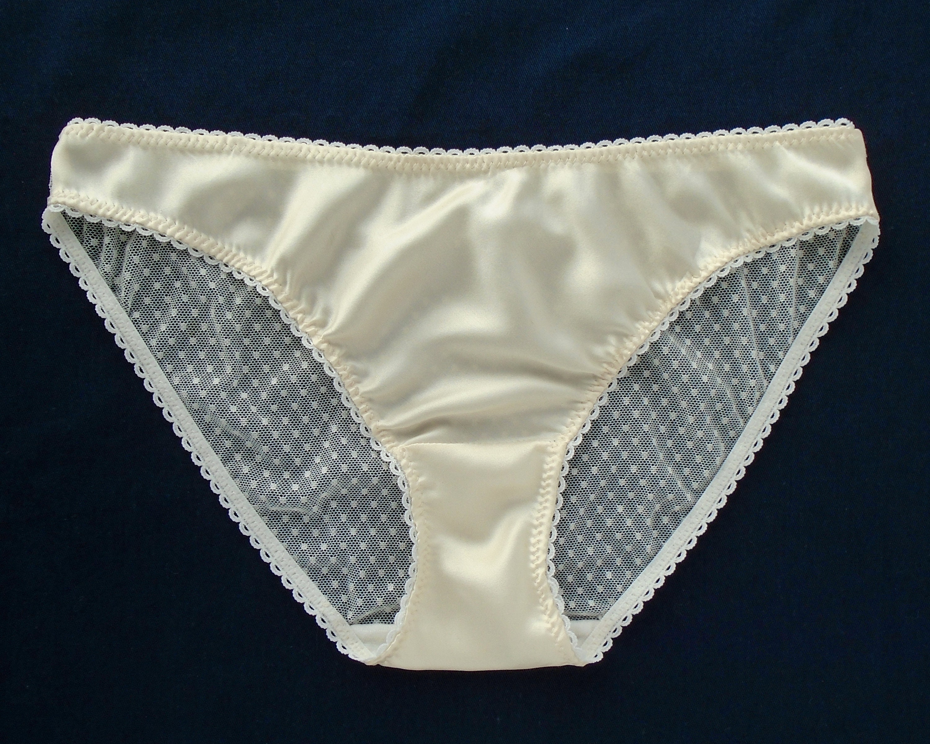 Silk Knickers, Cream Pure Silk and Sheer Dotted Mesh Handmade Knickers