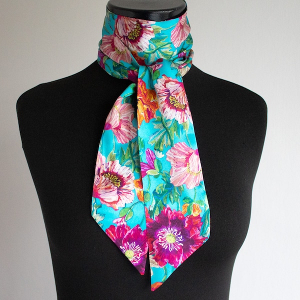 Liberty silk scarf, bright floral handmade skinny silk scarf, silk hair tie, handbag scarf, blue/pink silk scarf, silk scarf