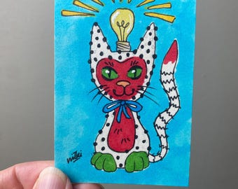 Idea Cat ACEO {ORIGINAL ARTWORK} - Alcohol Markers and Gel Ink on Paper