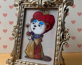 Red Queen Bear Art Print - Hand-Drawn Digital Illustration with Pewter Frame