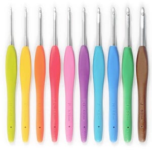 May include: A set of ten crochet hooks with colorful handles in shades of green, yellow, orange, red, pink, purple, blue, and brown. Each hook has a silver metal tip and is labeled with a size in millimeters, ranging from 2.25mm to 6.0mm.