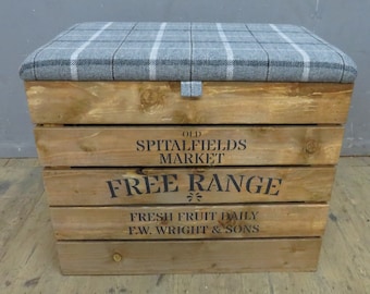 Large Wooden Storage Box with Fabric Upholstered Hinged Lid/Seat