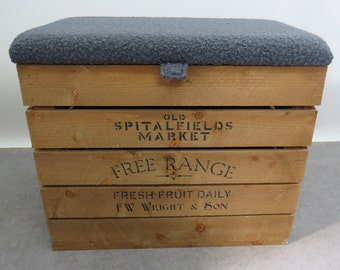 Large Wooden Storage Box with Fabric Upholstered Hinged Lid/Seat Boucle Wool