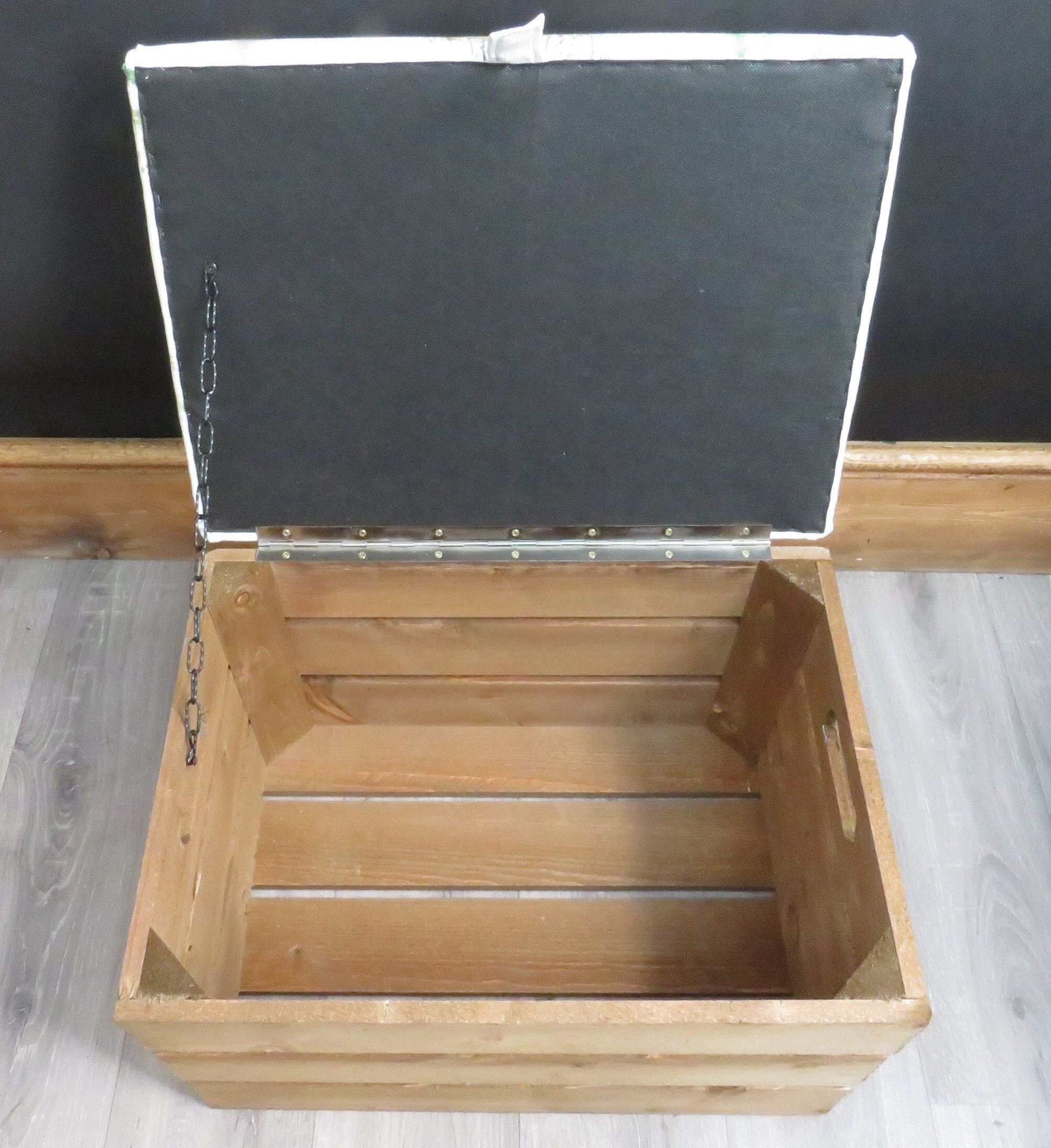 Large Wooden Storage Box With Fabric Upholstered Hinged Lid seat
