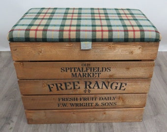 Large Wooden Storage Box with Fabric Upholstered Hinged Lid/Seat