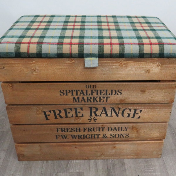 Large Wooden Storage Box with Fabric Upholstered Hinged Lid/Seat