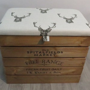 Large Rustic Wooden Storage Crate - Upholstered Fabric Lid Seat