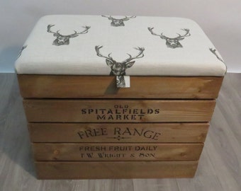 Large Wooden Storage Box with Fabric Upholstered Hinged Lid/Seat