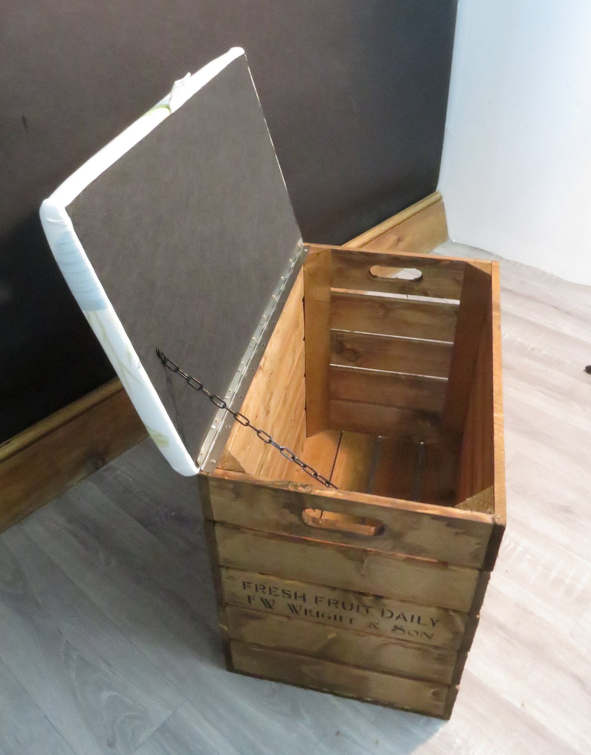 Large Wooden Storage Box With Fabric Upholstered Hinged Etsy UK
