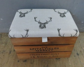 Wooden Storage Box with Fabric Upholstered Hinged Lid/Seat