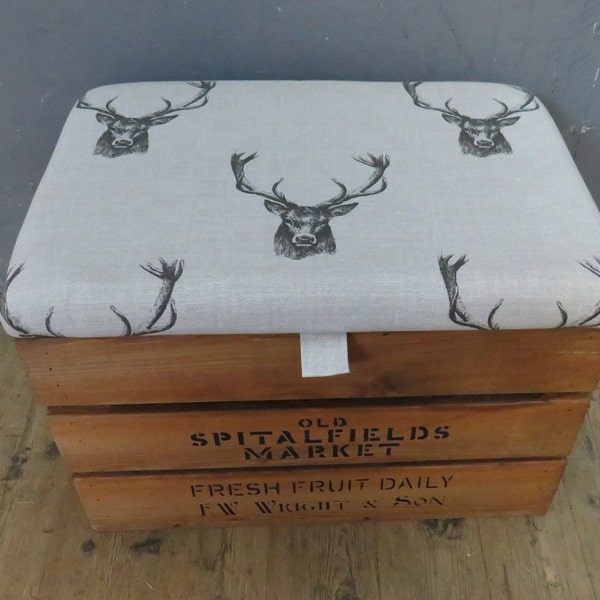 Rustic Wooden Storage Crate - Upholstered Fabric Lid Seat