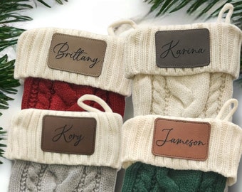 Knit Christmas Stocking with Personalized Leather Patch, Deluxe High Quality Cable Knit Cream Top Leather Engraved Holiday Name Stocking