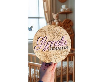 Personalized Wooden Birth Stat Sign with Peonies Design- Custom Wooden Nursery Decor
