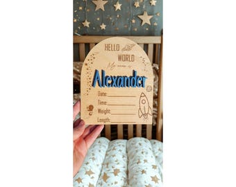 Hello World Wooden Birth Announcement Sign – Personalized Baby Name Plaque – Space Theme