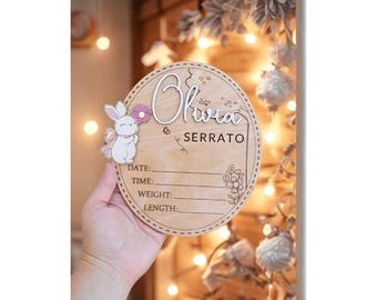 Personalized Baby Name Sign Set: Wooden Birth Stat, Bunny Nursery Decor