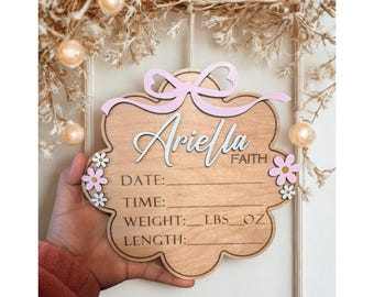 Personalized Birth Announcement Plaque with Bow & Flowers – Custom Wooden Newborn Stats Sign