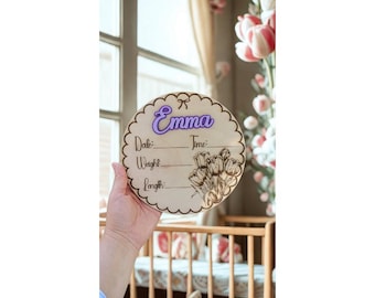 Personalized Wooden Birth Stat Sign – Custom Baby Name Announcement Plaque