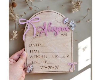 Butterfly & Bow Baby Birth Announcement Sign | Personalized Wooden Name Plaque | Nursery Décor