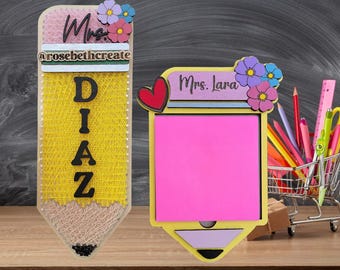 Personalized Teacher Gift Set – Pencil Door Hanger and Sticky Note Holder- Custom String Art