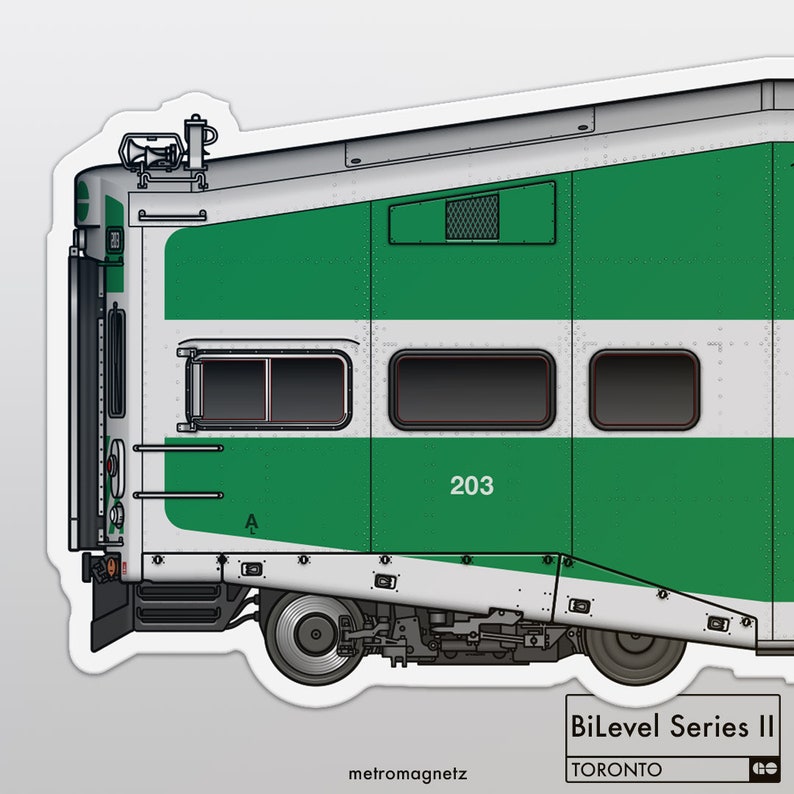 K&ouml;nnte beinhalten: Ein gr&uuml;ner und wei&szlig;er BiLevel Series II-Zugwagen mit der Nummer 203 an der Seite. Der Zugwagen geh&ouml;rt der Toronto Transit Commission.