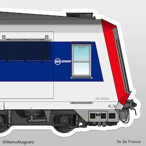Puede incluir: Un tren blanco, azul y rojo con el texto "RER SNCF" y "ZB 20500" en el lateral. El tren está sobre un fondo blanco.