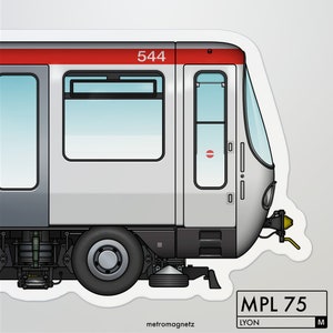 May include: A white and red subway train with the number 544 on the side. The train is labeled "MPL 75 LYON M" and has a gray and black undercarriage.