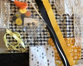 Vintage fabric slow stitch kit, meditation stitching, black and yellow