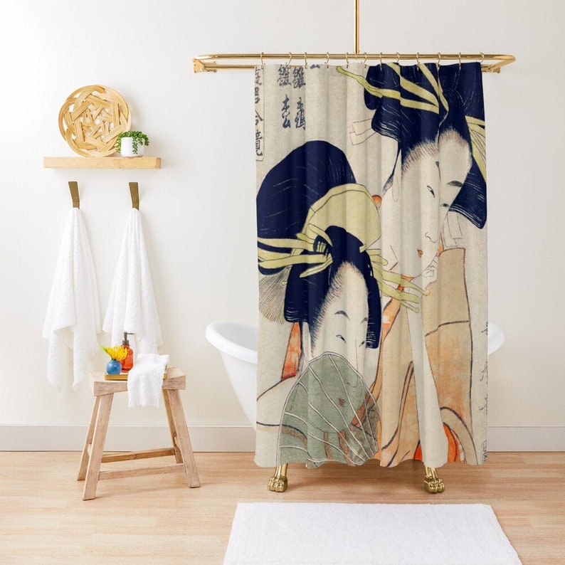 Japanese Geishas Shower Curtain Ukiyoe Block Print Vintage Etsy