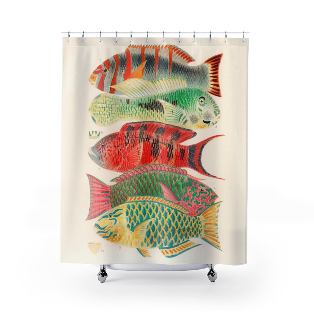 Nautisch douchegordijn met vissen vintage wetenschappelijke Etsy