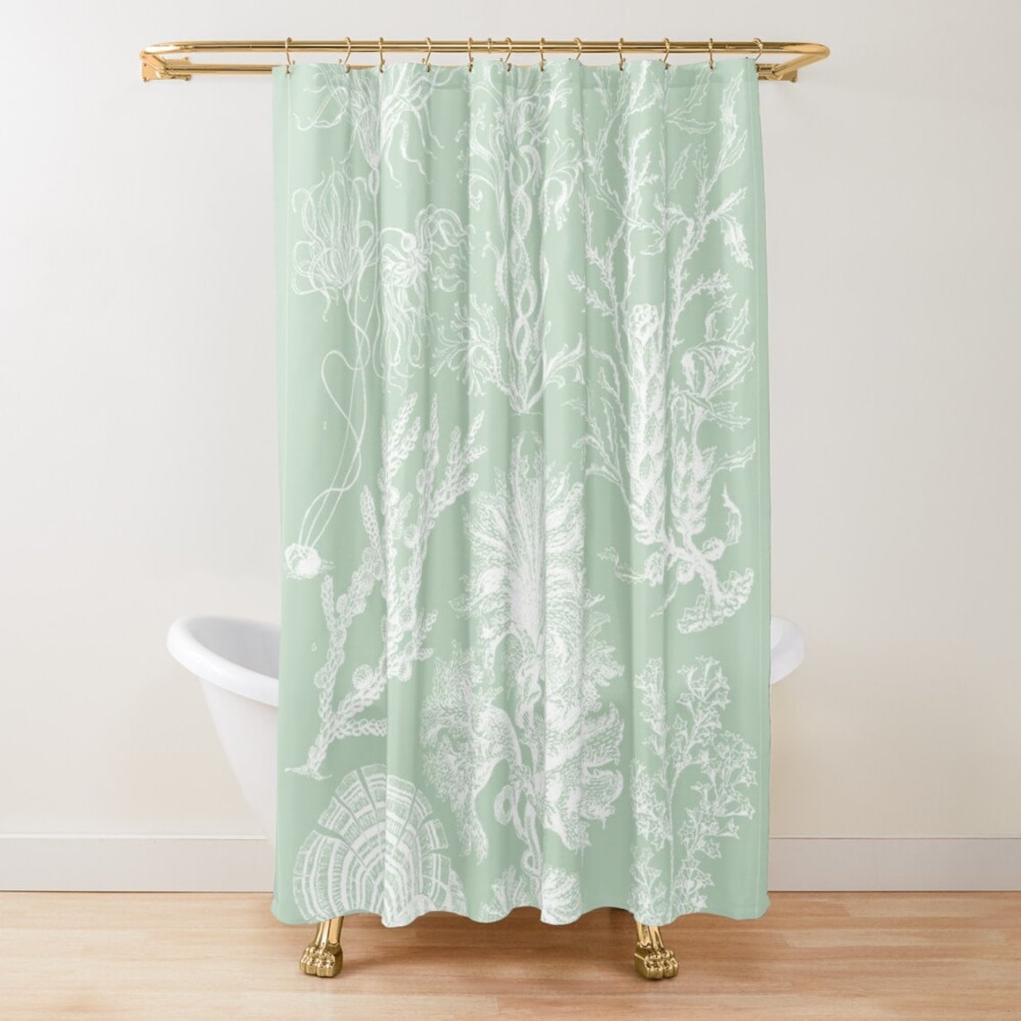 Nautical Sage Green Shower Curtain Vintage Algae Print Ernst Etsy