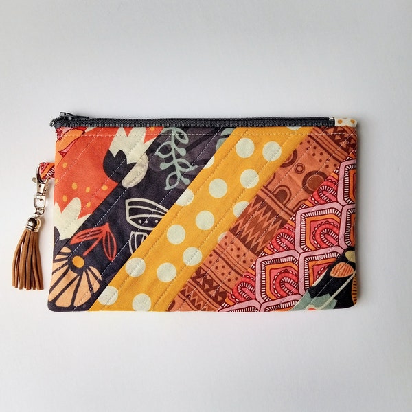 Zipper Pouch, Patchwork Bag, Quilted, Earthy Colors, Tassel, Organizer, Change Purse, Wallet, Jewelry, Accessories, Travel, Cosmetic, Pencil