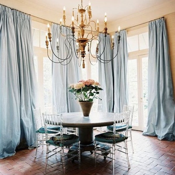 IHF Silk Dupioni Solid Textured Lined French Pleat Pleated Extra Wide Extra Long Panels Custom Curtains Drapes Customize Drapery Ice Blue