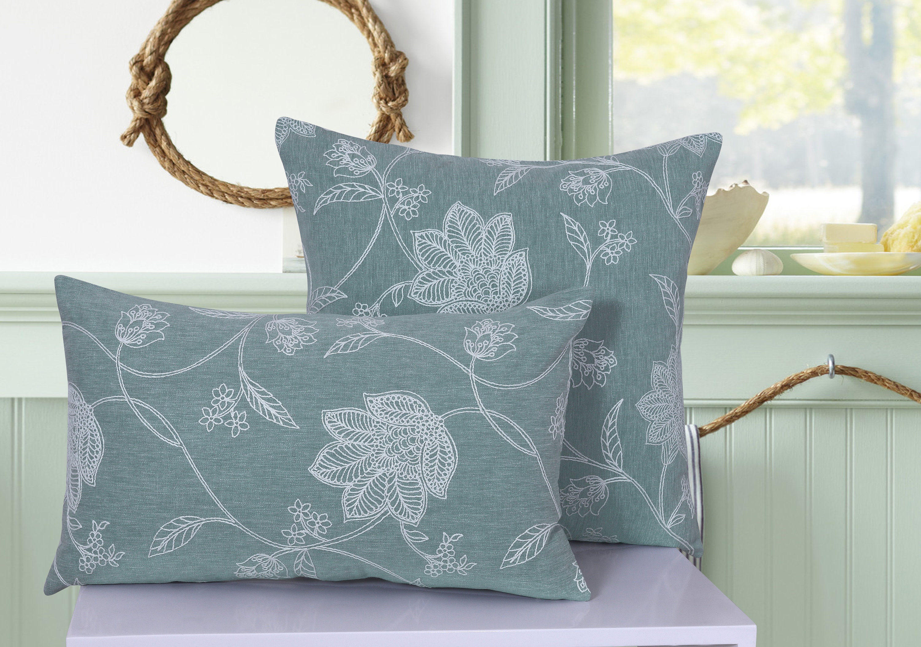 IHF リネンブレンド 刺繍 花柄 テクスチャ デザイナー 装飾 スクエア