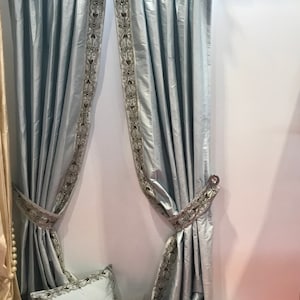 IHF Silk Dupioni Drapes Hand Crafted Embroidery Trim Solid Textured Lined Grommet Pleated Panels Drapes Custom Curtain Drapery Ice Blue