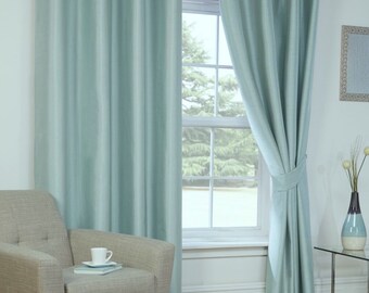 IHF Faux Silk Dupioni Curtains, Designer Lined Custom Drapes, Pinch Pleat Drapery Panels, Aqua Blue, Pair