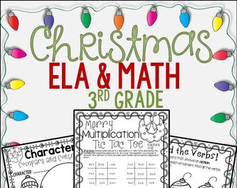Op de afbeelding: Een printbare set met kerstthema-werkbladen voor leerlingen van groep 7. De werkbladen bevatten een activiteit voor het vergelijken van personages, een vermenigvuldigings-tic-tac-toe-spel en een werkwoordidentificatie-activiteit. De werkbladen zijn zwart-wit en bevatten een kerstboom, een sneeuwpop en kerstversiering.